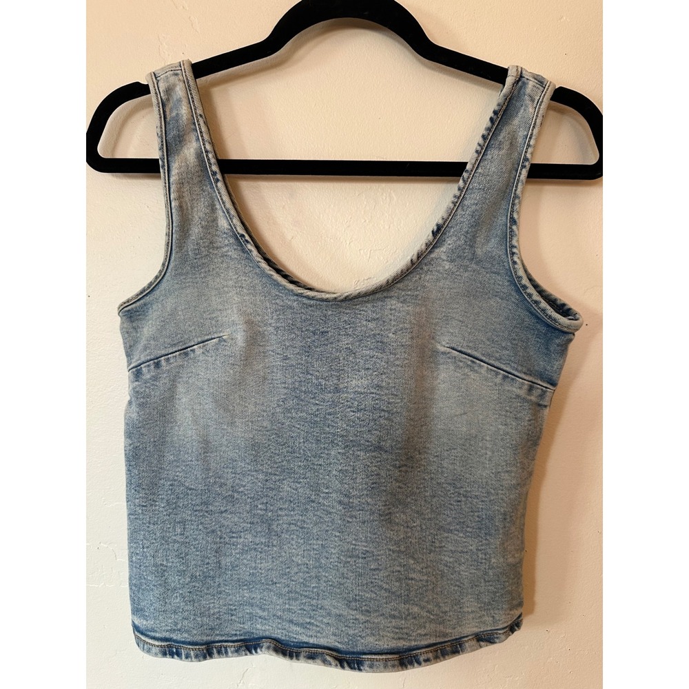 Zara Womens Light Wash Denim Crop Top Scoop Neck‎ Tank Acid Wash Small